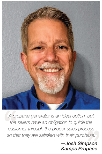 Propane Generator sales surge says Josh Simpson of Kamps propane due to lower cost more frequent power outages reports BPN leading trade publication since 1939