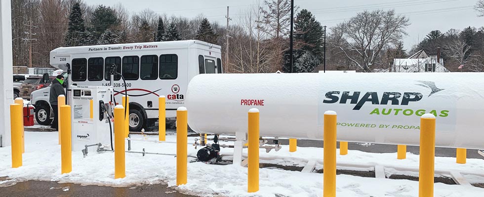 A Sharp Autogas tank supplies propane autogas for propane vehicle fleets