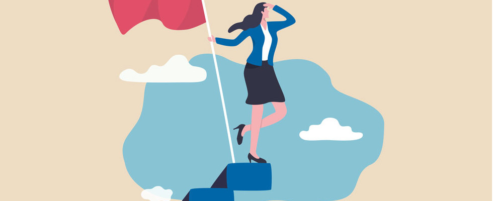 Generic art features a female leader holding a flag looking off into the distance as she ascends the staircase to success.
