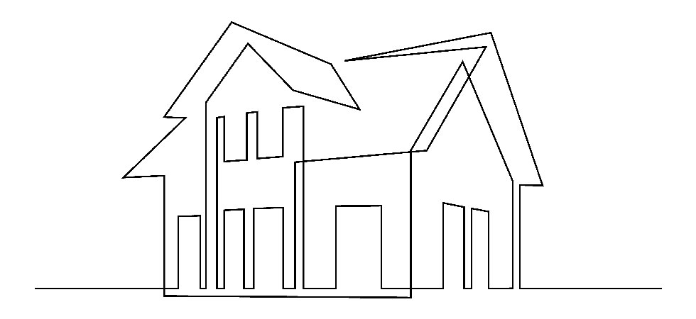A black-and-white geometric outline of a two-story house