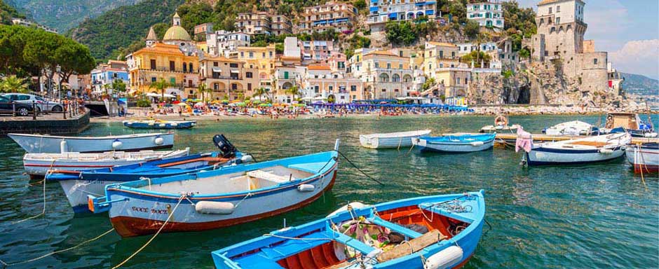 Rowboats tied up at the docks on the Amalfi Coast in Italy