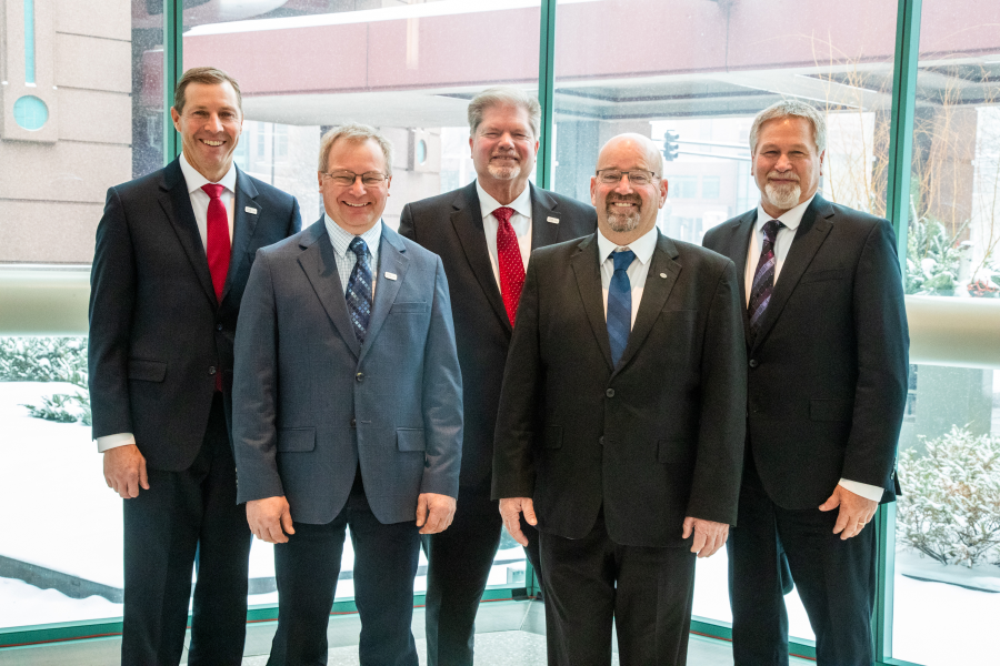 CHS members reelected five members of the CHS Board of Directors at the 2025 CHS Annual Meeting. Reelected were, from left, Jerrad Stroh, Juniata, Nebraska; Kevin Throener, Cogswell, North Dakota; Hal Clemensen, Aberdeen, South Dakota; Mark Farrell, Cross Plains, Wisconsin; and Alan Holm, Sleepy Eye, Minnesota.