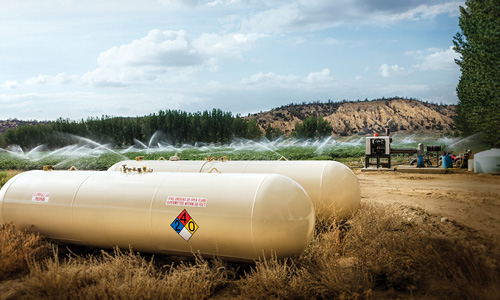 Propane tanks are used to power farm irrigation systems.