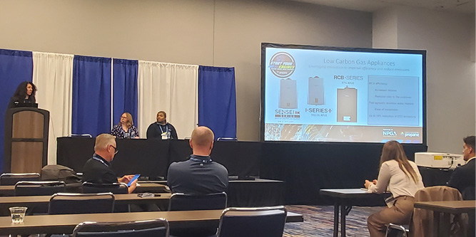 Rinnai North America’s Renee Eddy and Dimeta’s Sophia Haywood speak at an information session on the ways innovation can help the propane industry meet decarbonization goals.