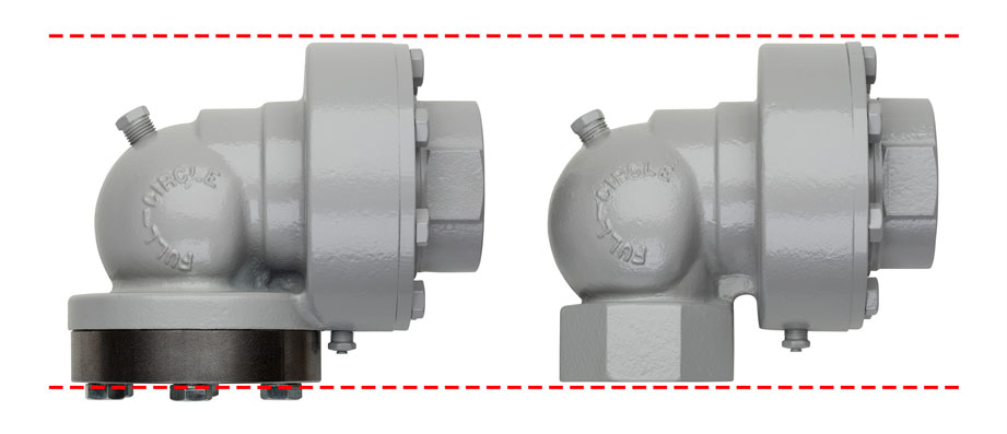 Full-Circle’s flanged connection swivel (left) and FNPT threaded connection swivel (right) have identical centerline and external dimensions.