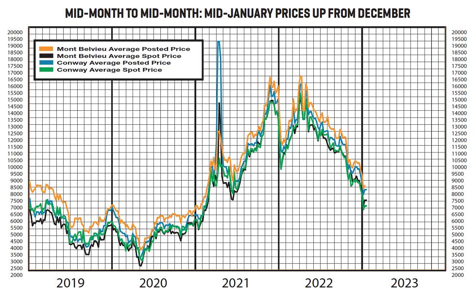A graph of historical data for mid-month posting and spot prices from 2019 to 2023, ending with the January mid-month data.