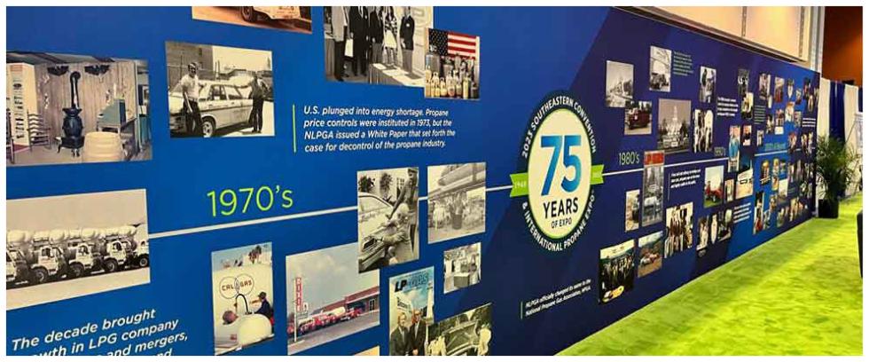A timeline wall of events throughout the propane industry's history, featuring historical photos and facts