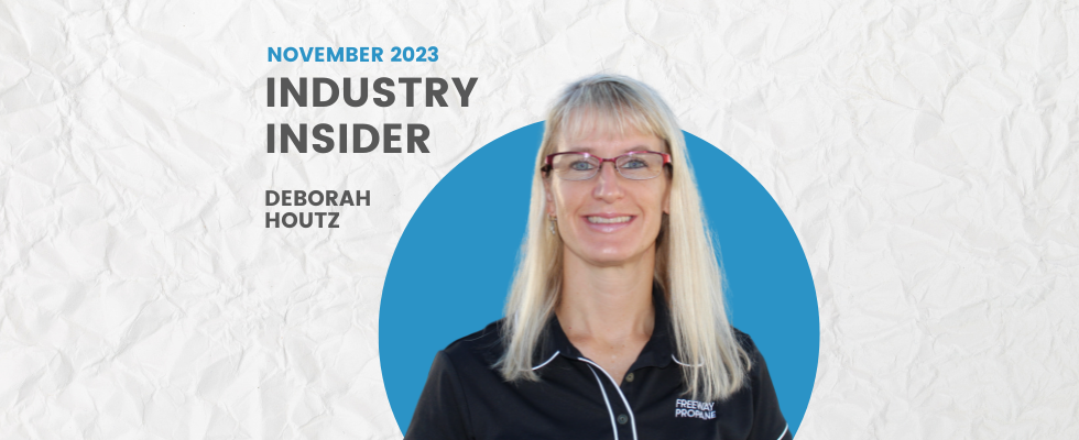 A graphic that says November 2023 Industry Insider Deborah Houtz with a headshot of Houtz in a black Freeway Propane shirt in front of a blue circle frame