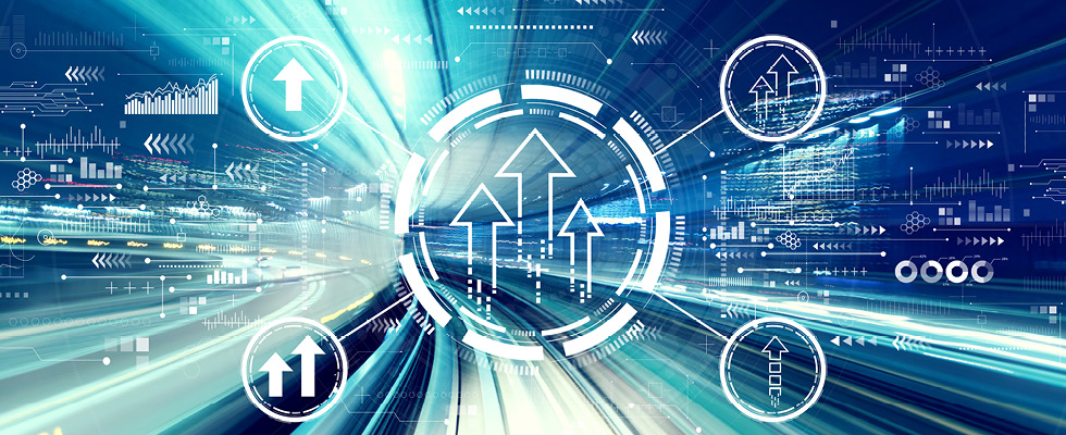Graphic art depicts arrows in a circle against a futuristic blue background.