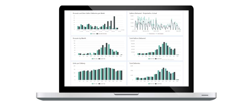 A laptop screen shows data from a back-office software solution