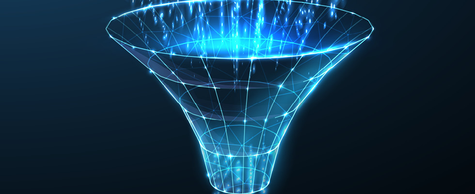 A holographic funnel is depicted in blue light, as blue lights of data stream into it from above.