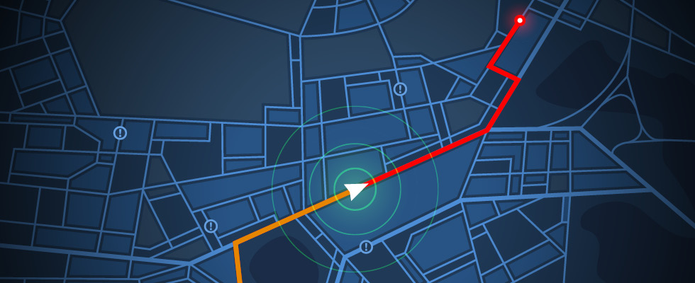 An image displays a GPS on a blue city road map.