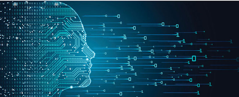 A graphic depicts an AI face as ones and zeros feed into it.