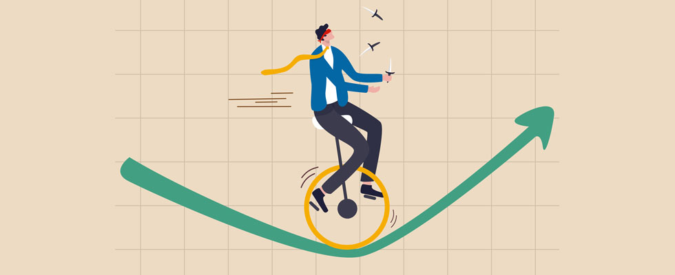A graphic of a blindfolded man unicycling on a tightrope while juggling small knives