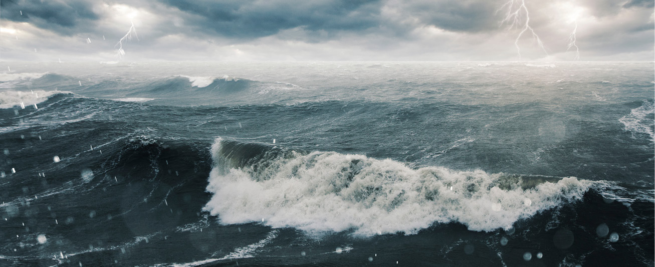 A sea is depicted amid rough, extremely choppy waters.