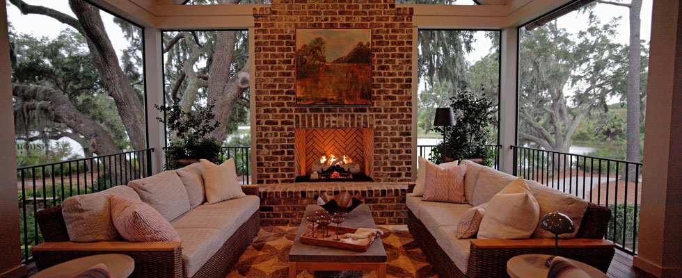 The Southern Living Idea House's living room fireplace is pictured.