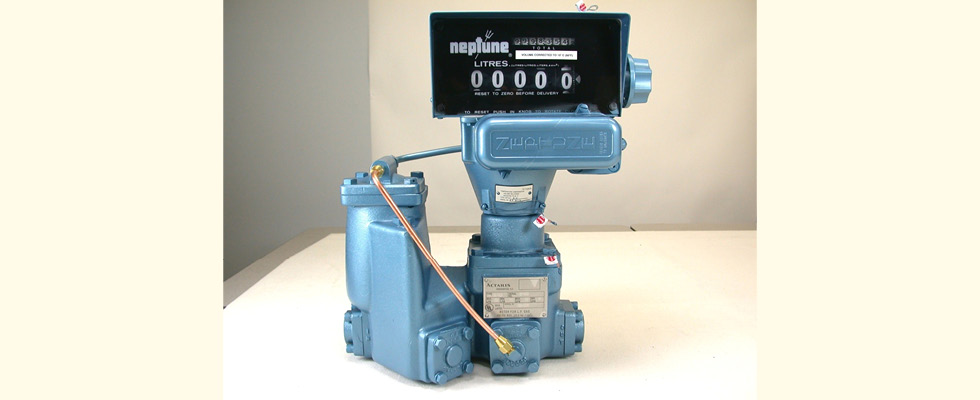 A light blue propane meter is pictured.