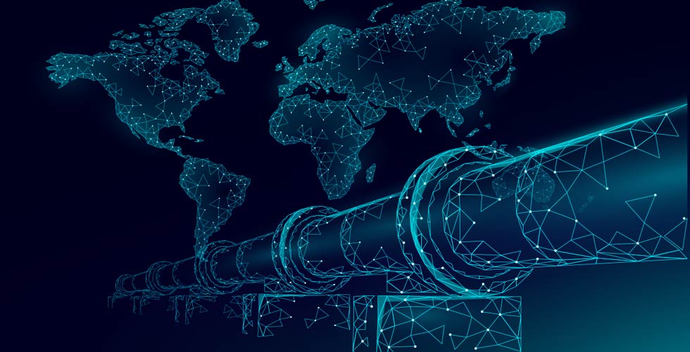 Grid-like depiction of world map in the background of a large pipeline