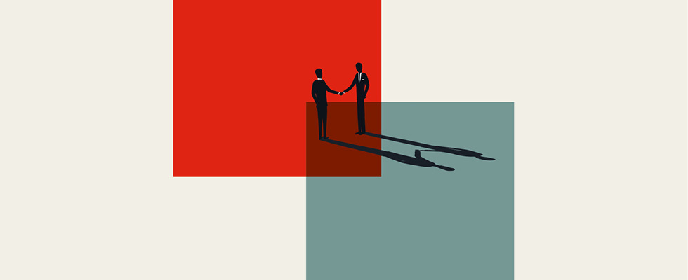 Abstract art depicts two business people shaking hands, signifying a M&A deal.