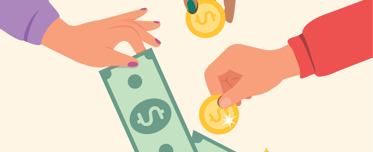 Clip art depicts hands holding money out.