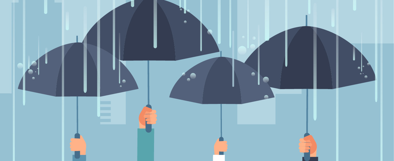 An illustration of four hands holding up four gray umbrellas to protect from rain