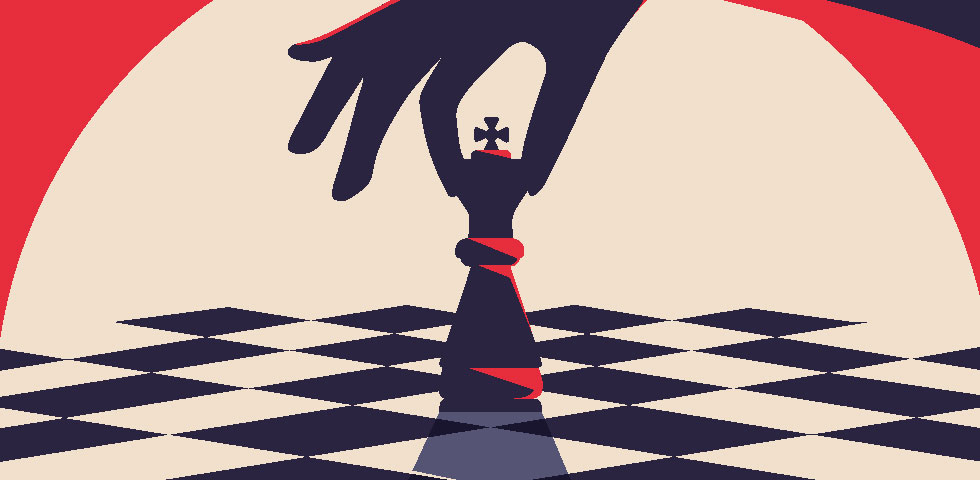 A hand prepares to move a single chess piece on an empty chess board