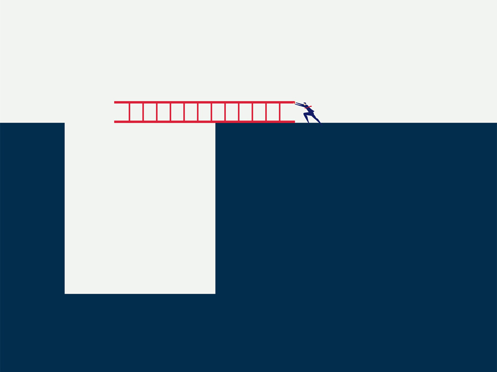 A clip art man brings a ladder over a gap, showcasing propane company growth.