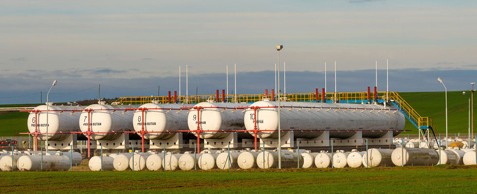 Large propane tanks are pictured at a propane plant.