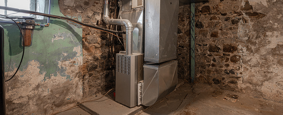 A furnace is pictured in a basement.