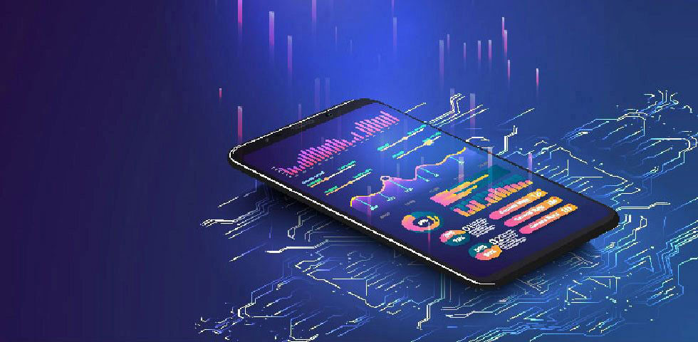 Colorful data charts are displayed on a smart phone screen against an abstract, microchip-inspired background.