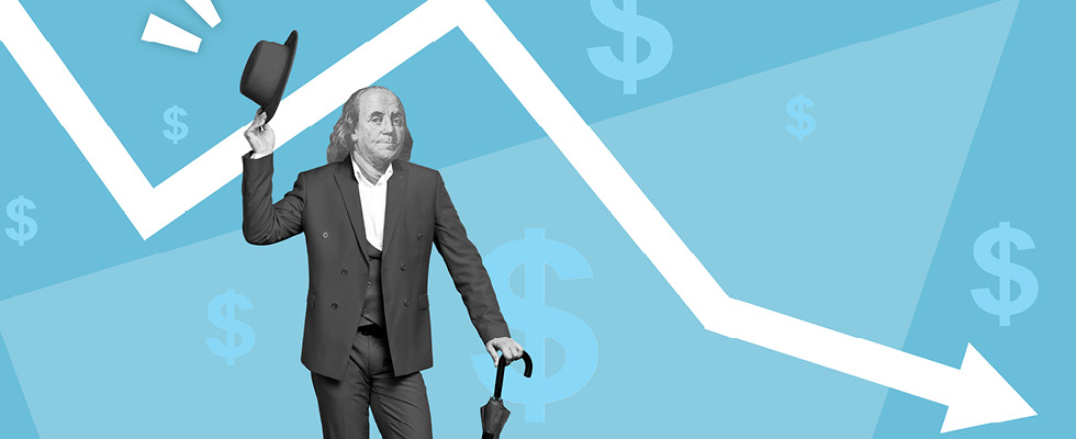 Benjamin Franklin's stands tipping a hat in front of an arrow indicating a downward trend in money