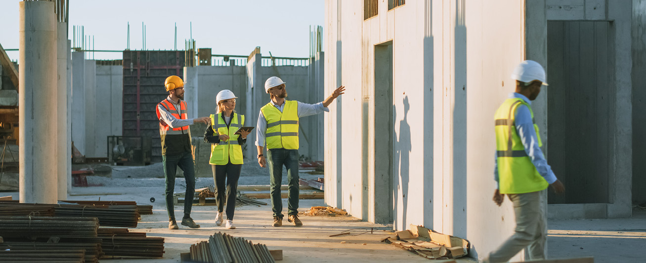 A picture shows construction professionals walking along a job site.