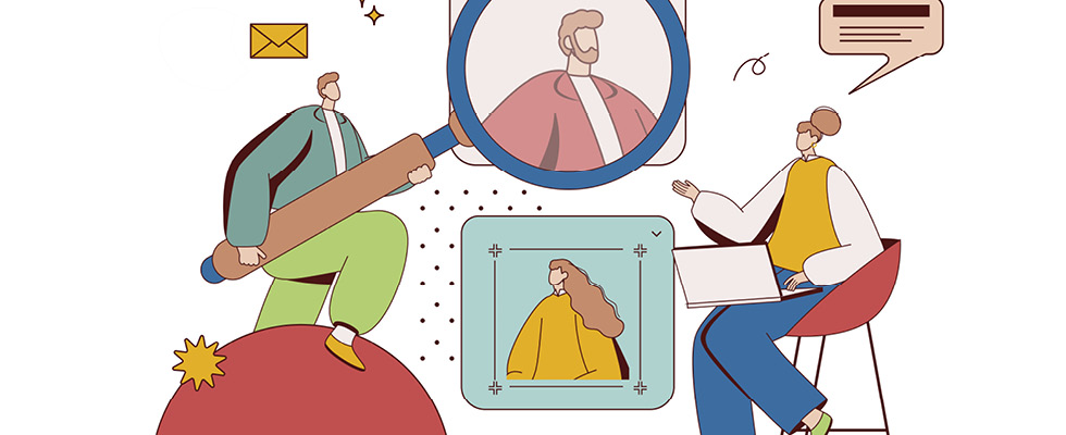 Clip art of a man holding up a magnifying glass to a possible hire demonstrates how to avoid bad hires..