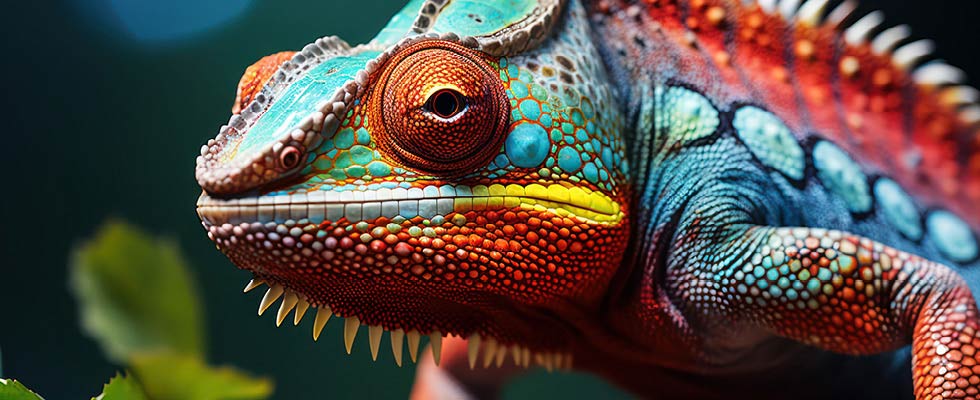 A colorful chameleon stands on a leafy branch