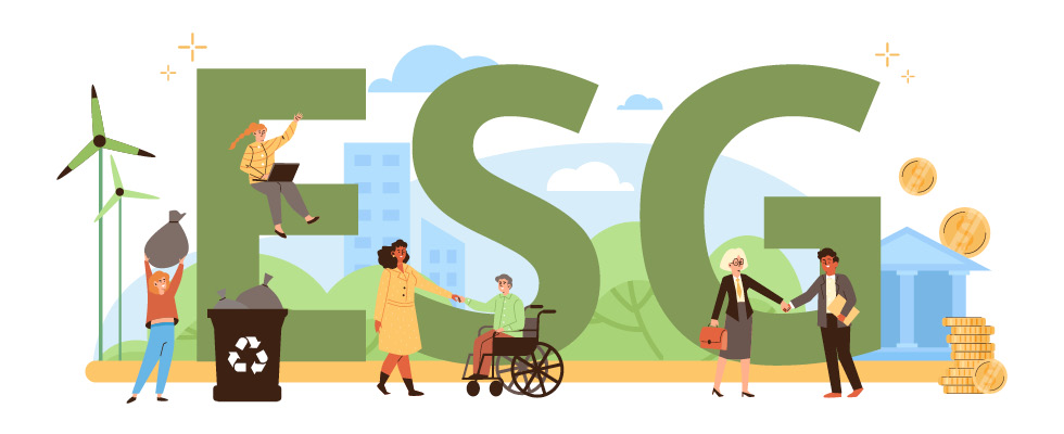 A graphic depicts various people coming together in front of a giant "ESG" in the background.