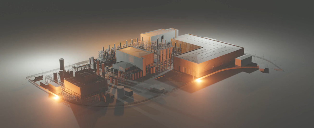 A digital 3D model displays DME's waste-to-fuel plant in Teesside, U.K.