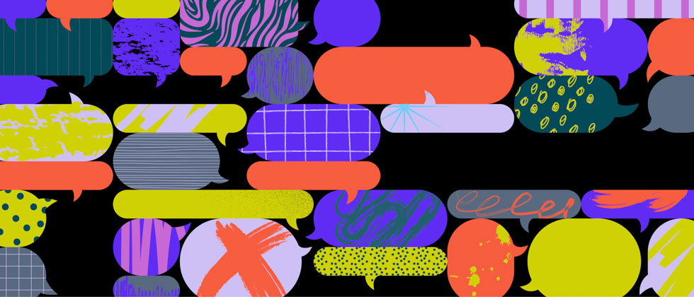 Clip art text bubbles symbolize user group feedback.