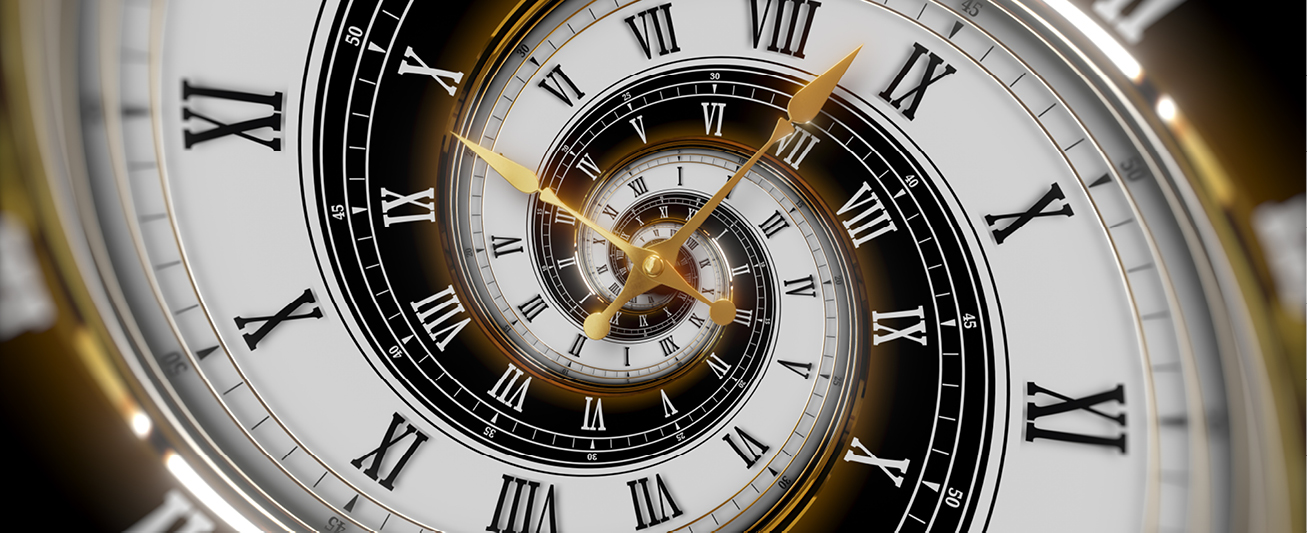 A clock is featured, showcasing the topic of time travel in this month's Verbatim