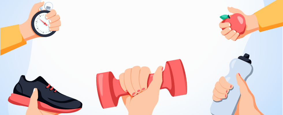 A clipart displays different ways one can use their free time, from lifting weights to running.