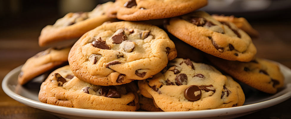 A white plate stacked with chocolate chip cookies