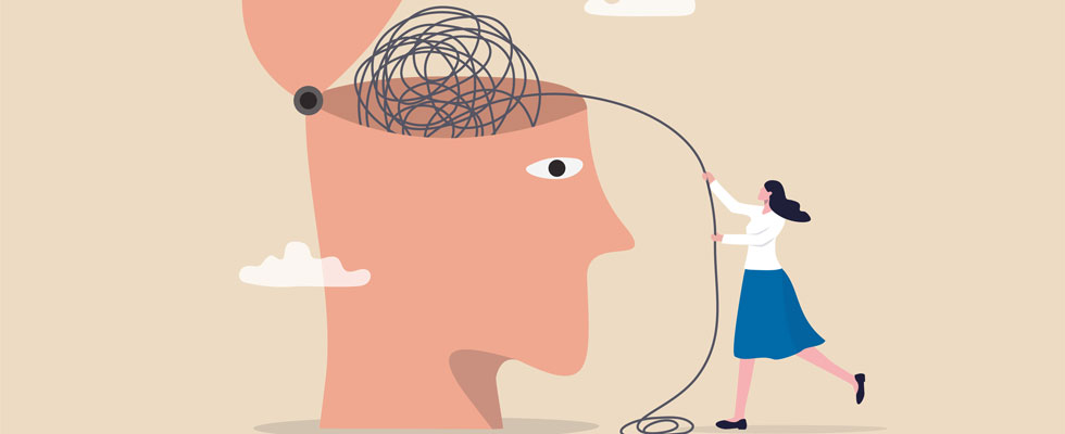 An illustration of a woman unraveling the stress inside a person's mind
