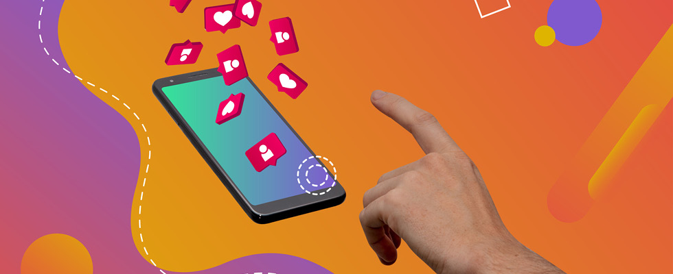 An abstract design depicts a hand pointing to a phone with social media emblems.