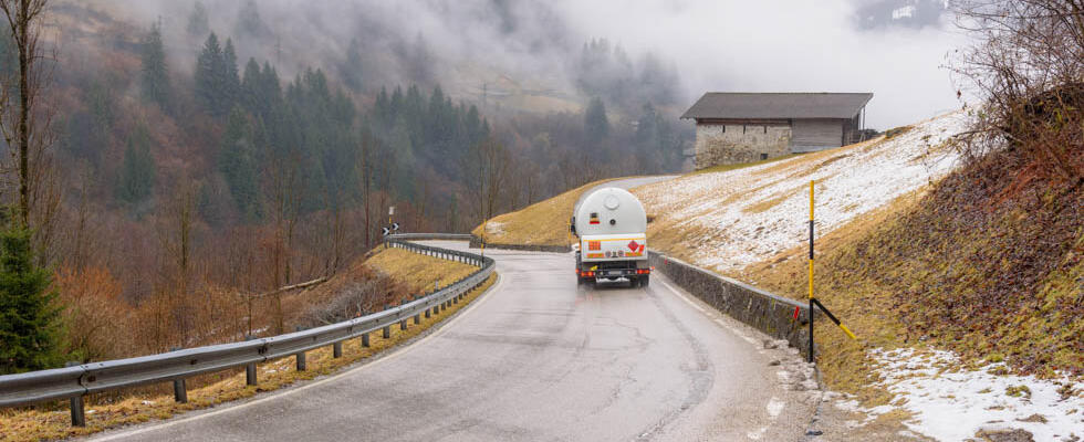 A propane bobtail drives on a curvy mountain road to illustrate the 2026 state of the propane industry