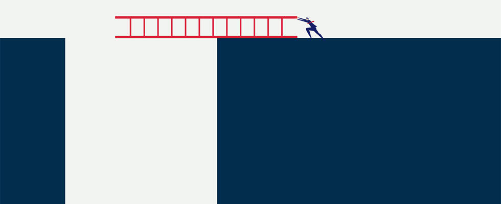 A clip art man brings a ladder over a gap, showcasing propane company growth.
