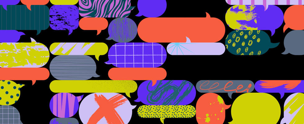 Clip art text bubbles symbolize user group feedback.
