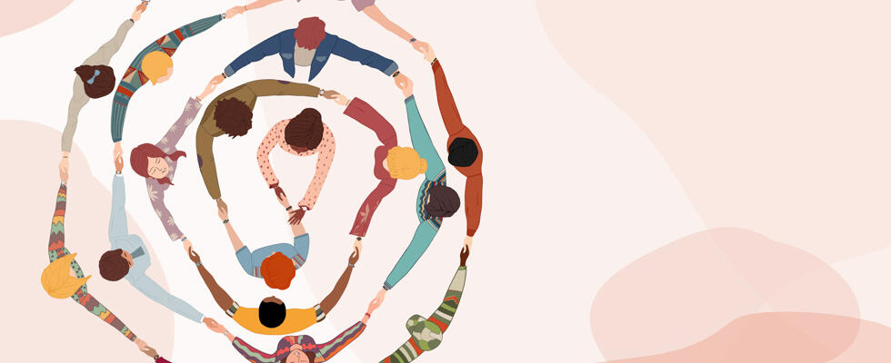 A circle of people hold hands, representing how the industry can help others.