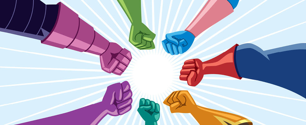 Art depicts superhero fists meeting, symbolizing superpower.