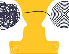 Two silhouette heads face each other — one with a squiggly line where the brain should be that connects to a neat spiral line on the other head — all on a yellow backdrop