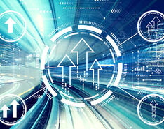 Graphic art depicts arrows in a circle against a futuristic blue background.