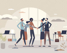 Art shows individuals shaking hands, showcasing a successful M&A deal.